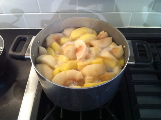 Boil the apples until they plump up.