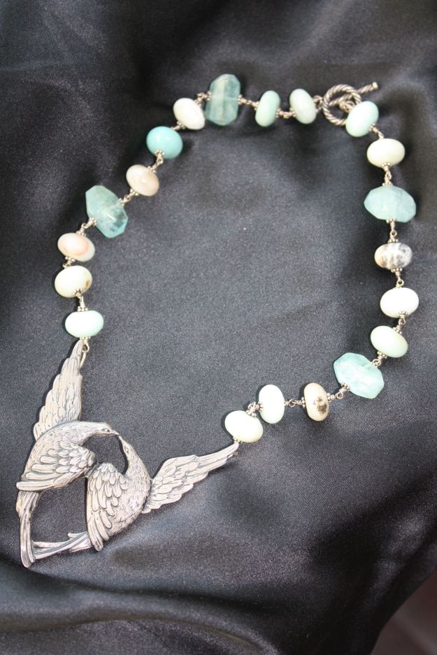 Meredith Haws Aquamarine and Peruvian Opal Bird Necklace